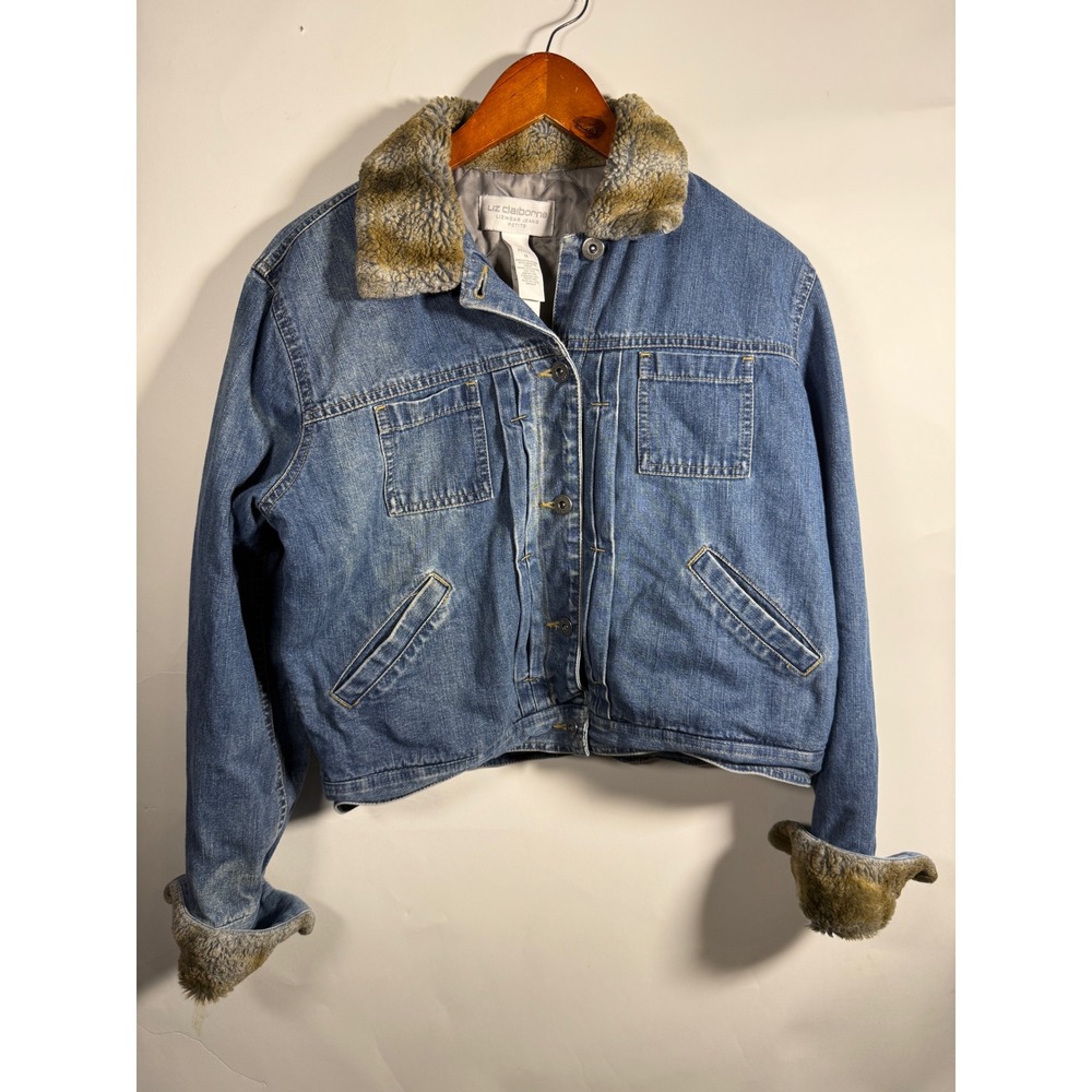 Liz Claiborne Lizwear Jeans Denim Jacket Faux Fur Collar Cuffs Blue Petite M Y2K